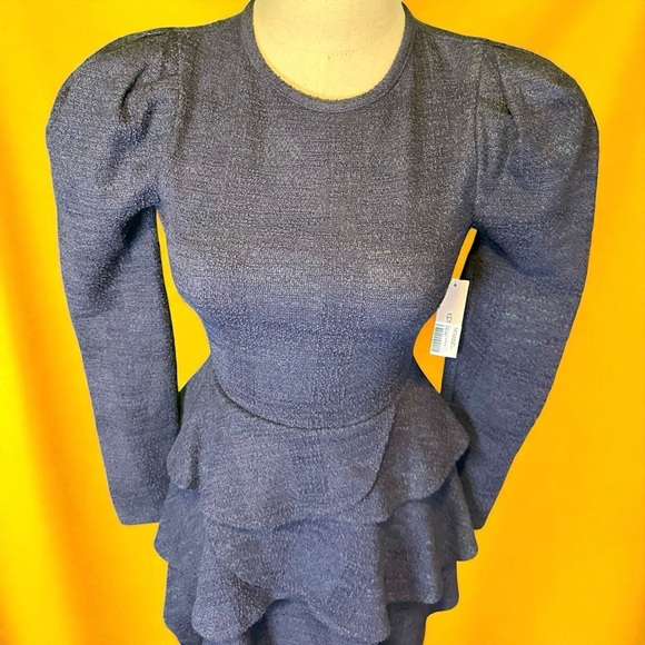 NWT Aqua ‘Boucle Tiered Ruffle Long Sleeve Mini Dress’ in Navy Blue Size XS - Picture 4 of 11